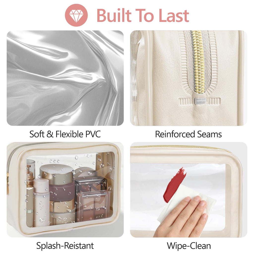 PACKISM 2 Pack Clear Makeup Bag Set (Large + Medium) – TSA-Approved, Water-Resistant, Beige