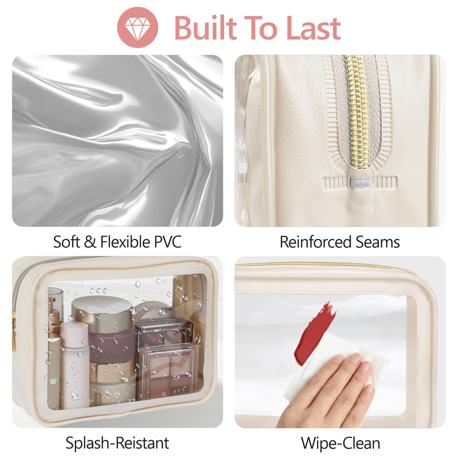 PACKISM 2 Pack Clear Makeup Bag Set (Large + Medium) – TSA-Approved, Water-Resistant, Beige