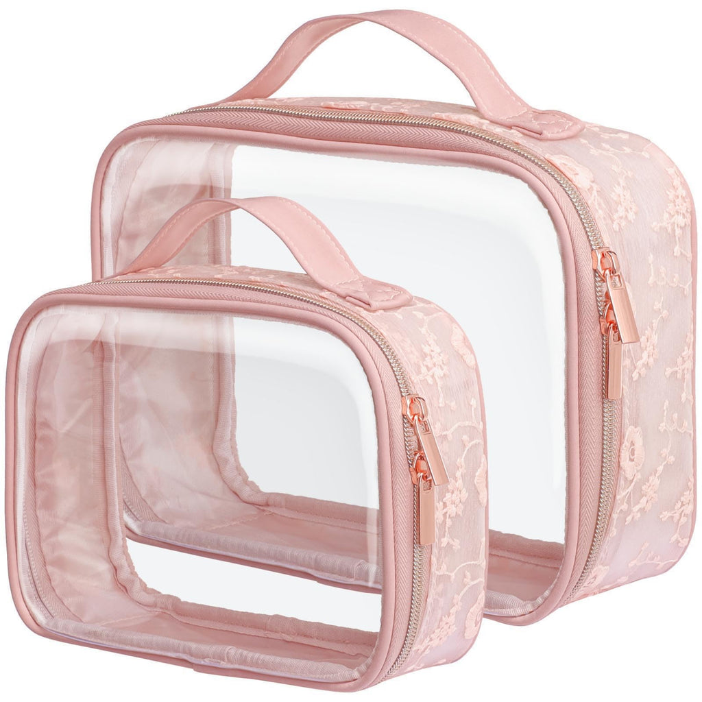PACKISM Floral Lace TSA Toiletry Bag Set – Medium & Large Clear Bags, Pink