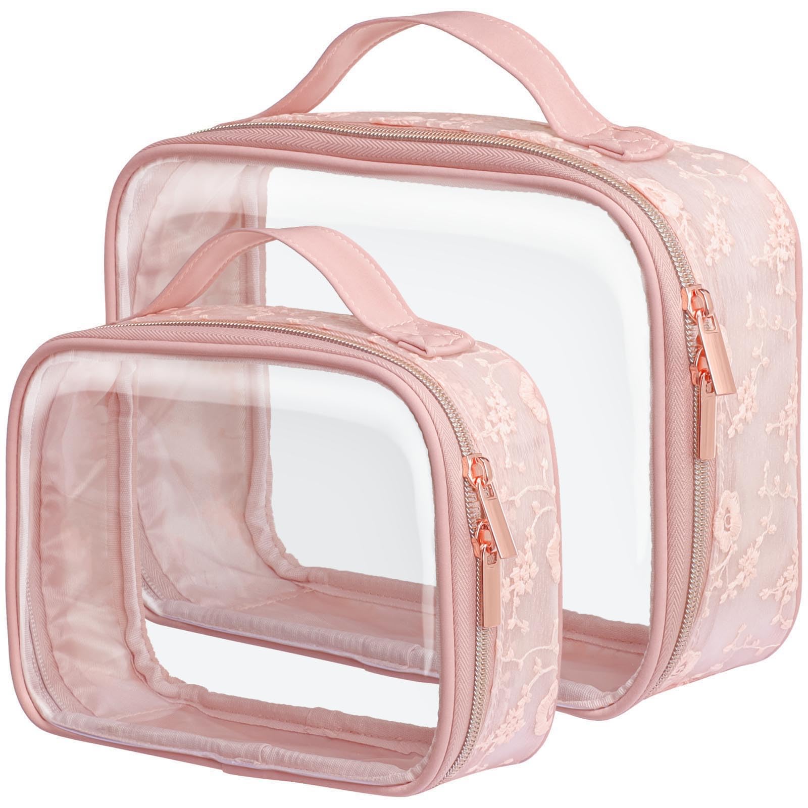 PACKISM Floral Lace TSA Toiletry Bag Set – Medium & Large Clear Bags, Pink