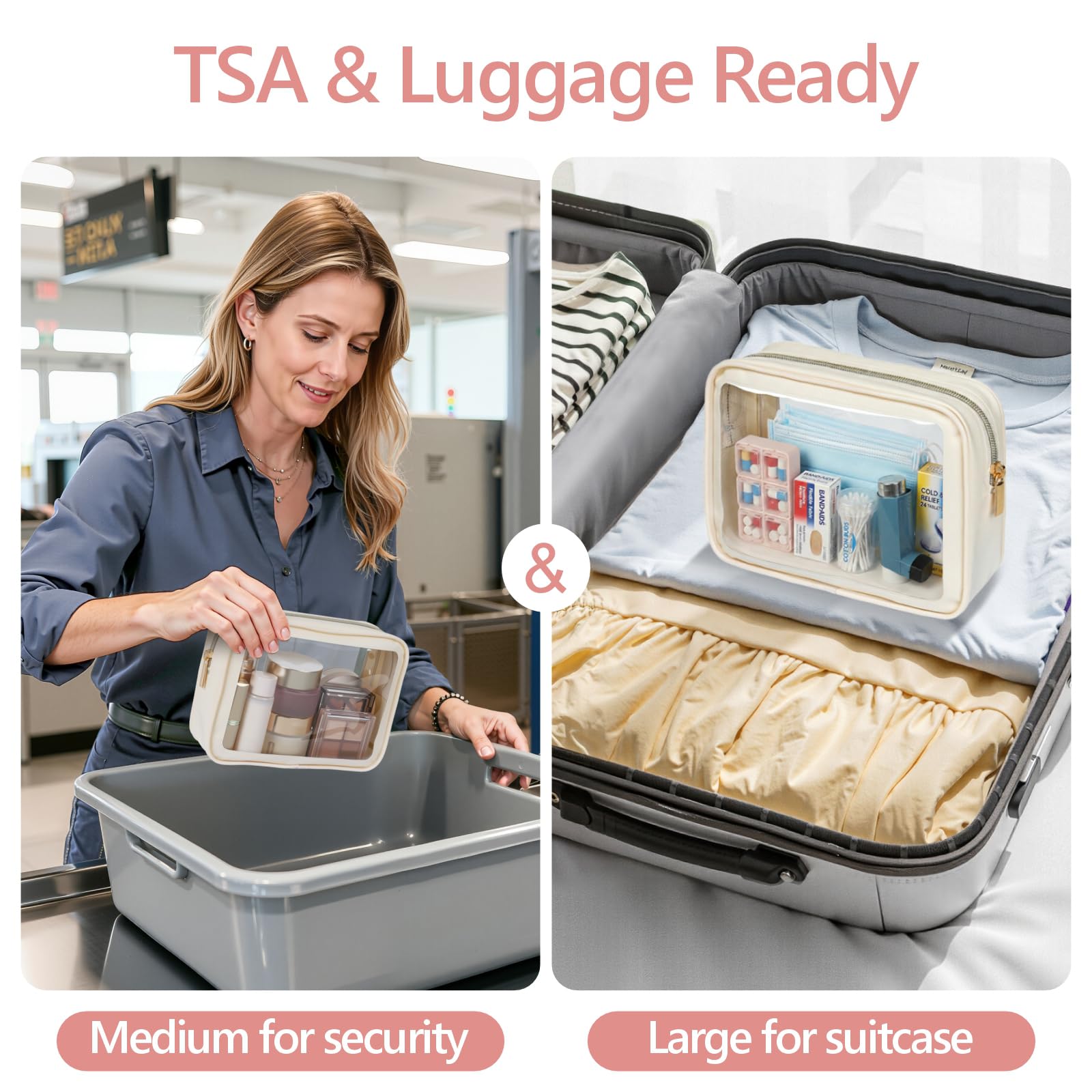 PACKISM 2 Pack Clear Makeup Bag Set (Large + Medium) – TSA-Approved, Water-Resistant, Beige