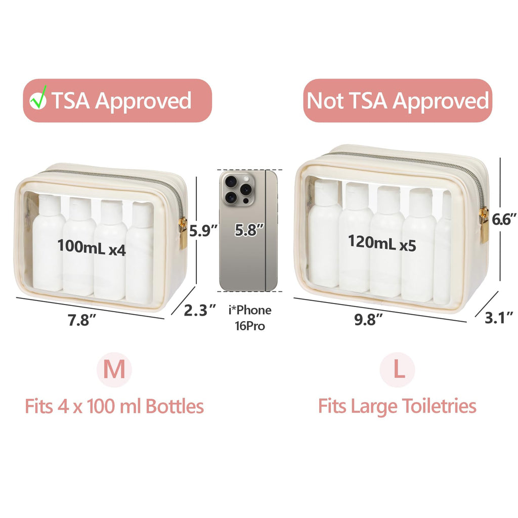 PACKISM 2 Pack Clear Makeup Bag Set (Large + Medium) – TSA-Approved, Water-Resistant, Beige