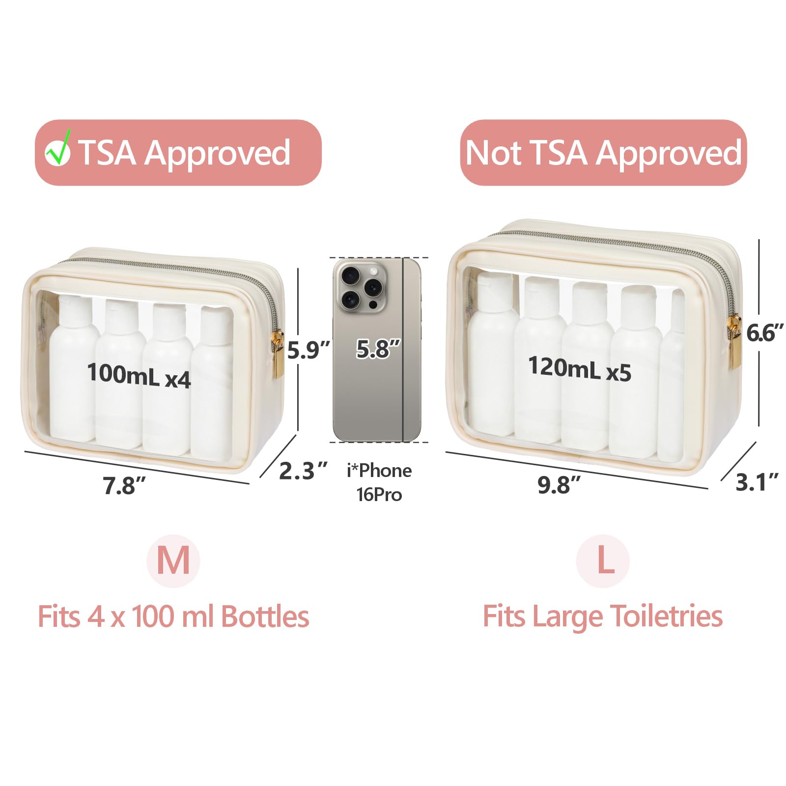 PACKISM 2 Pack Clear Makeup Bag Set (Large + Medium) – TSA-Approved, Water-Resistant, Beige