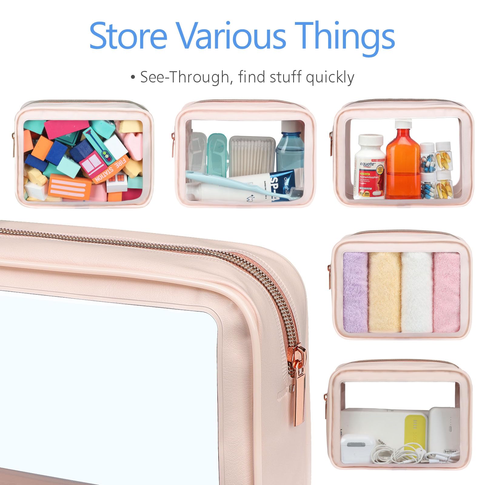 PACKISM Clear Makeup Bag 3 Pack Medium – TSA-Approved Foldable Toiletry Bags, Pink