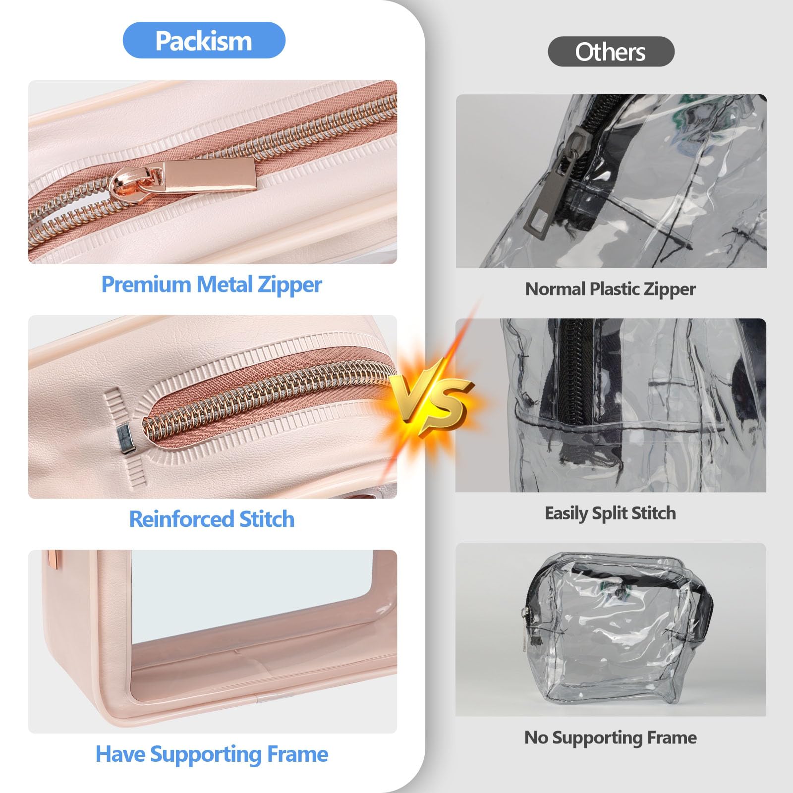 PACKISM Clear Makeup Bag 3 Pack Medium – TSA-Approved Foldable Toiletry Bags, Pink