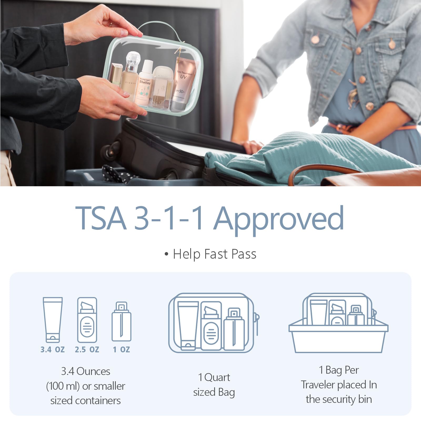 PACKISM TSA Approved Toiletry Bag — 3 Medium Clear Bags, 3-1-1 Compliant, with Handle (Laurel Green)