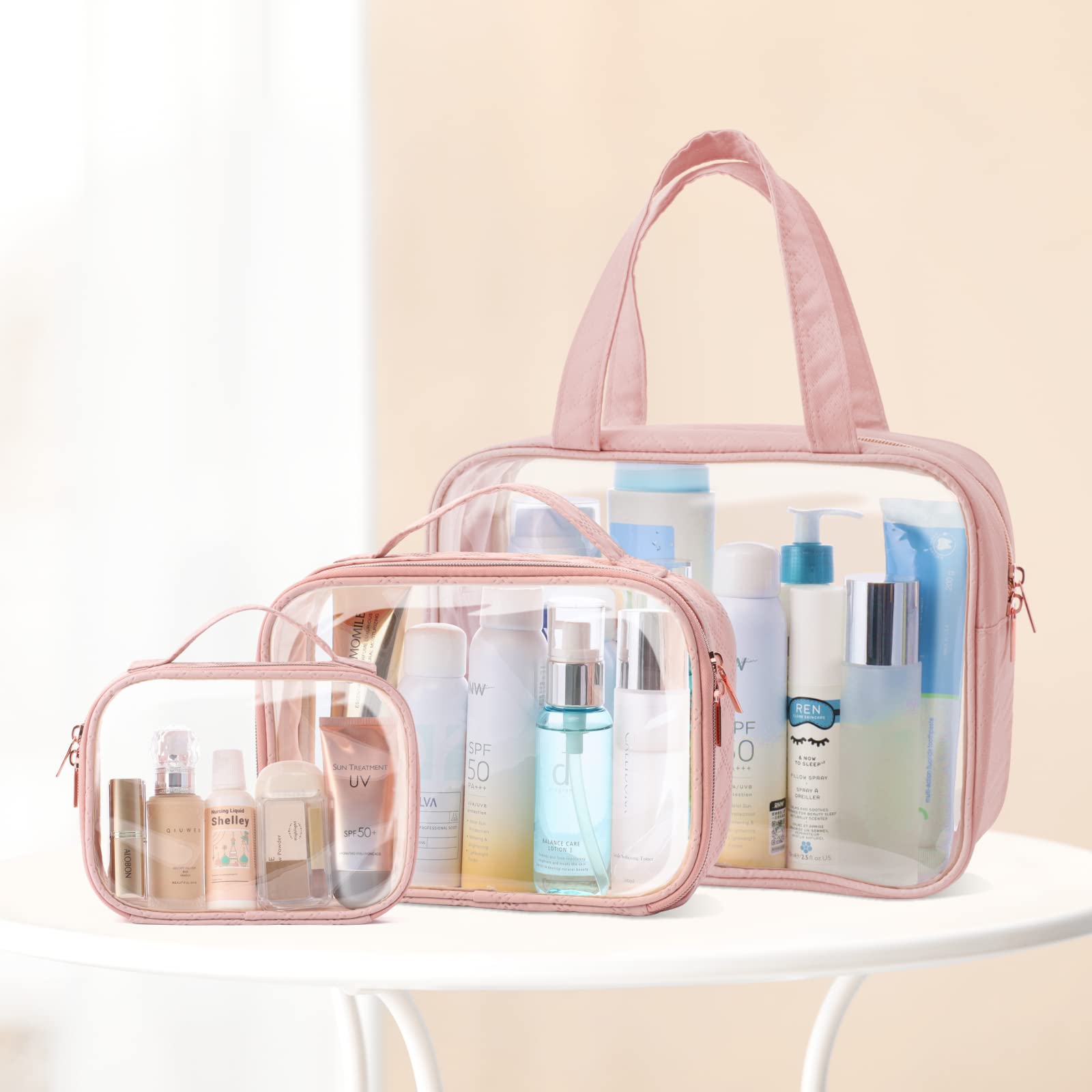 PACKISM Clear Makeup Bag Combo Pack – TSA-Approved Medium, Large & XL in Rose Pink | Water-Resistant Travel Organizer