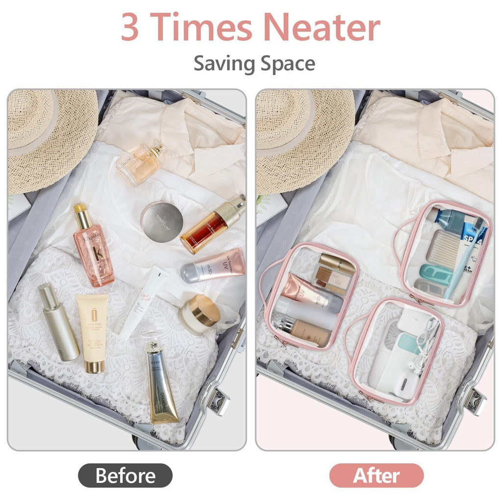 PACKISM Floral Lace TSA Toiletry Bag Set – Medium & Large Clear Bags, Pink