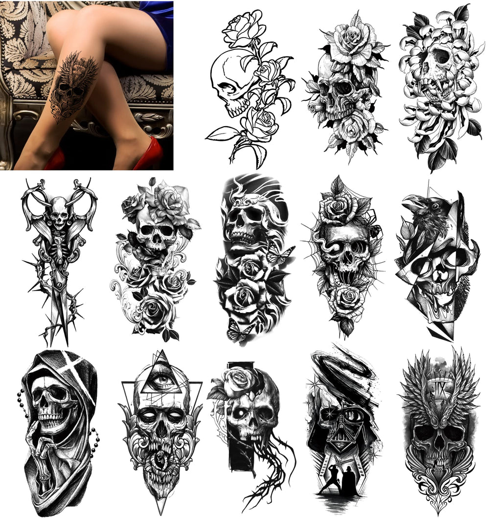 PADOUN Halloween Temporary Tattoos – 15-Sheet Black Skull Rose Designs, Waterproof & Easy to Apply