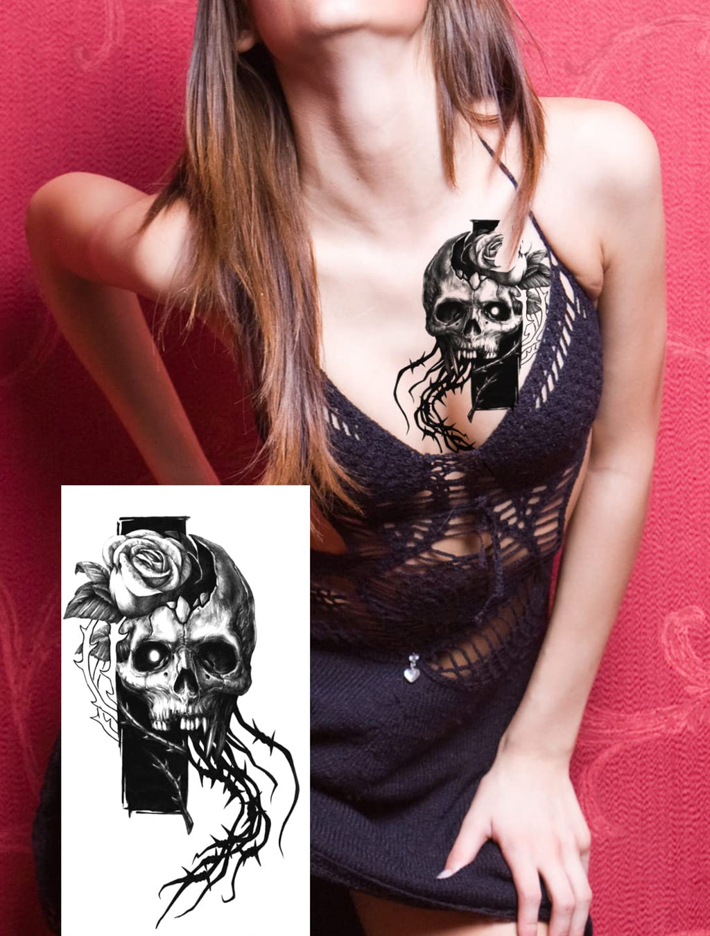PADOUN Halloween Temporary Tattoos – 15-Sheet Black Skull Rose Designs, Waterproof & Easy to Apply