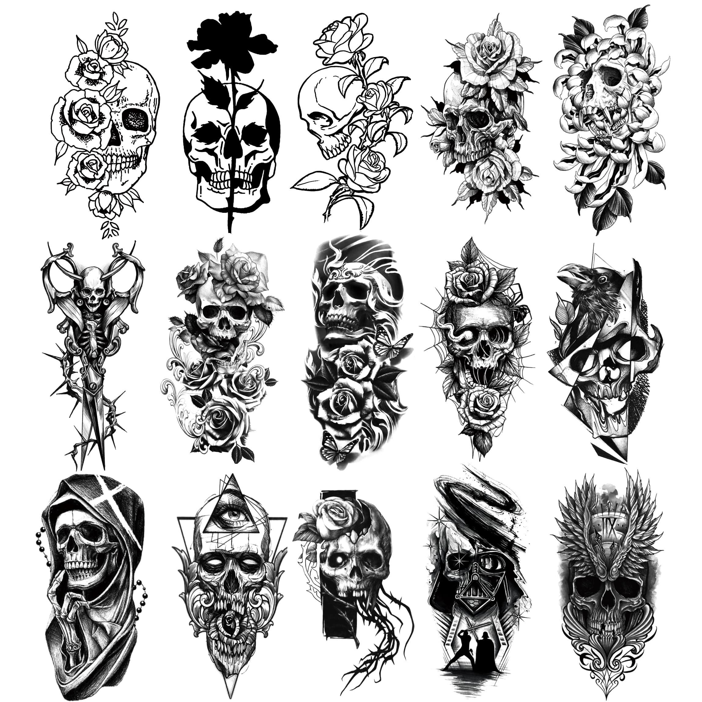 PADOUN Halloween Temporary Tattoos – 15-Sheet Black Skull Rose Designs, Waterproof & Easy to Apply