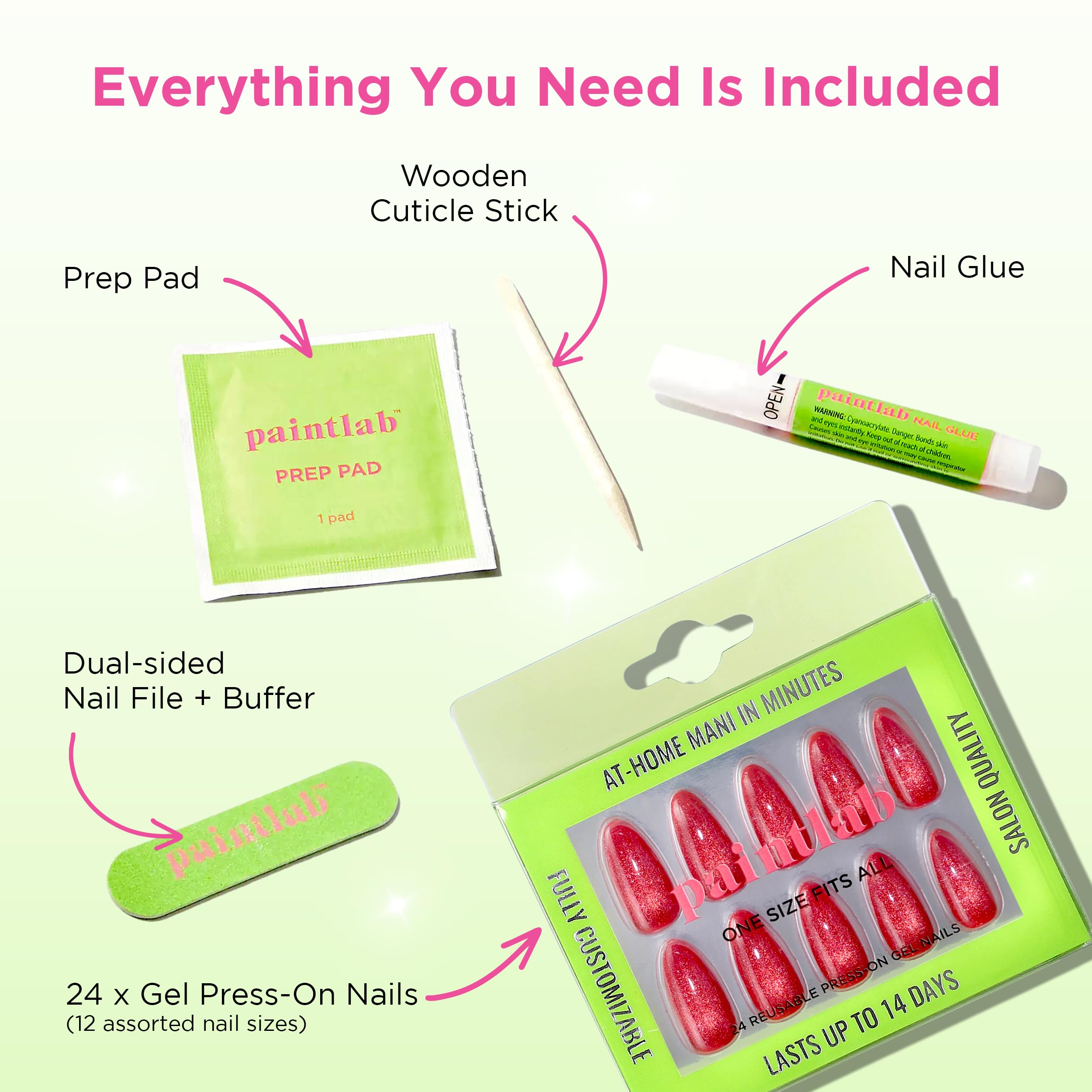 PaintLab Press-On Nails Kit – Red Rose Almond, 24-Piece Set