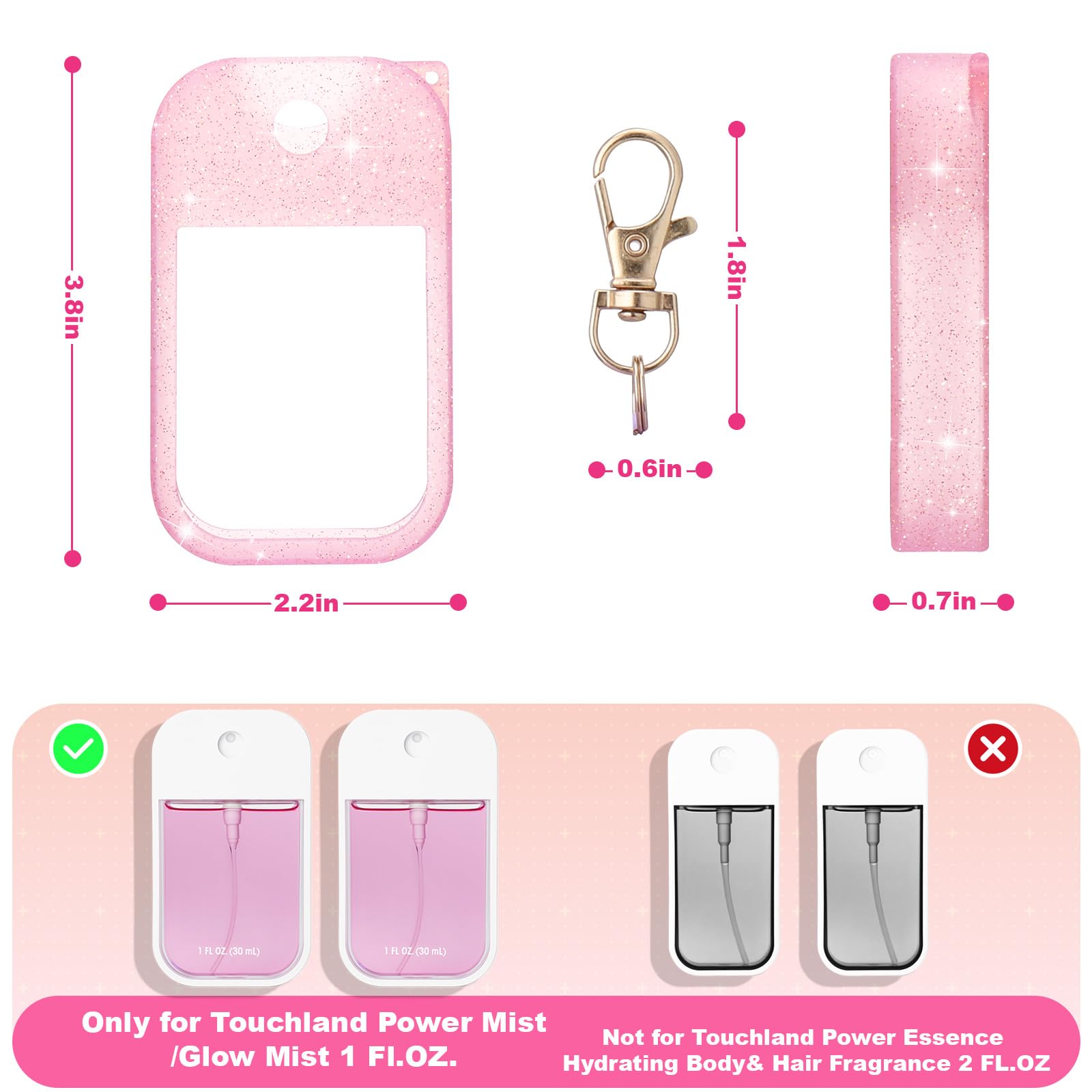 Palksky HandCase Glitter Case for Touchland Power Mist & Glow Mist (1 oz) – Pink & White