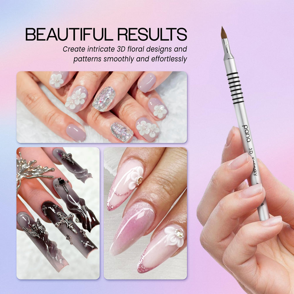PANA 3D Kolinsky Acrylic Nail Art Brush #4 – Silver Non-Slip Grip for 3D Flower Nails