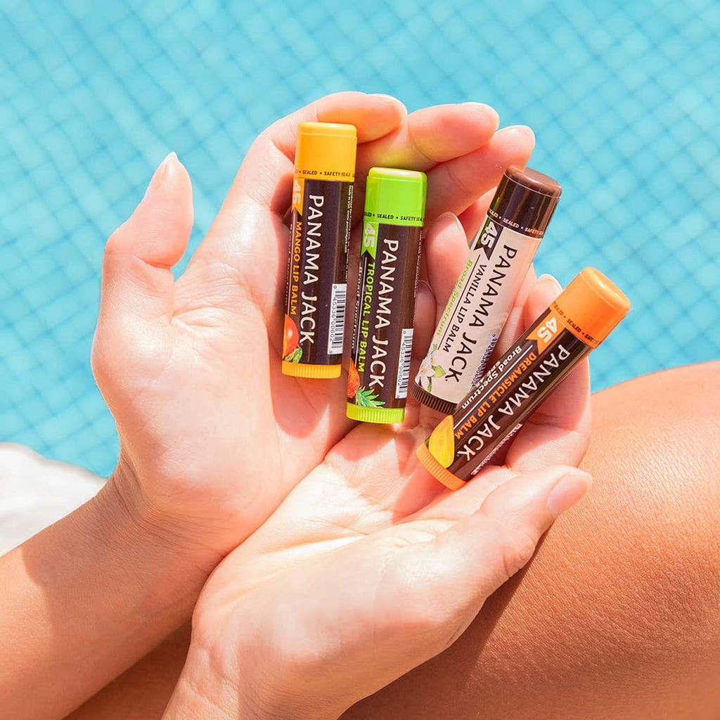 Panama Jack Sunscreen Lip Balm SPF 45 — Flavor Pack (Vanilla, Mango, Dreamsicle, Tropical)