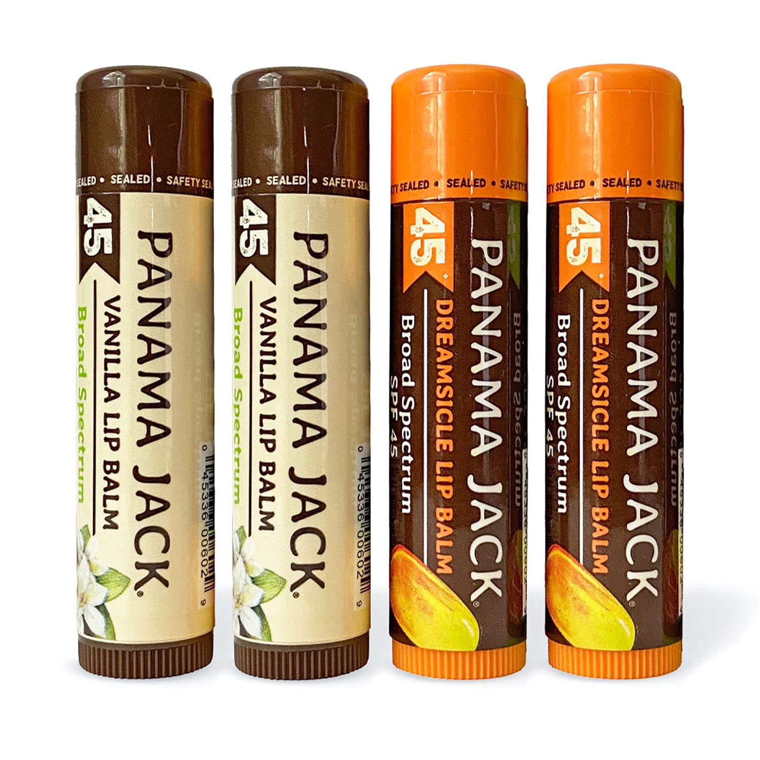 Panama Jack Sunscreen Lip Balm SPF 45 — Flavor Pack (Vanilla, Mango, Dreamsicle, Tropical)