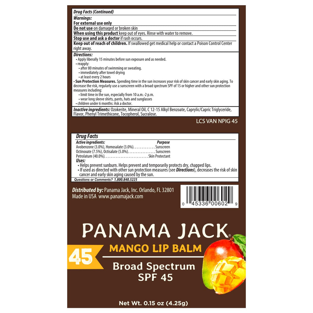 Panama Jack Sunscreen Lip Balm SPF 45 — Flavor Pack (Vanilla, Mango, Dreamsicle, Tropical)