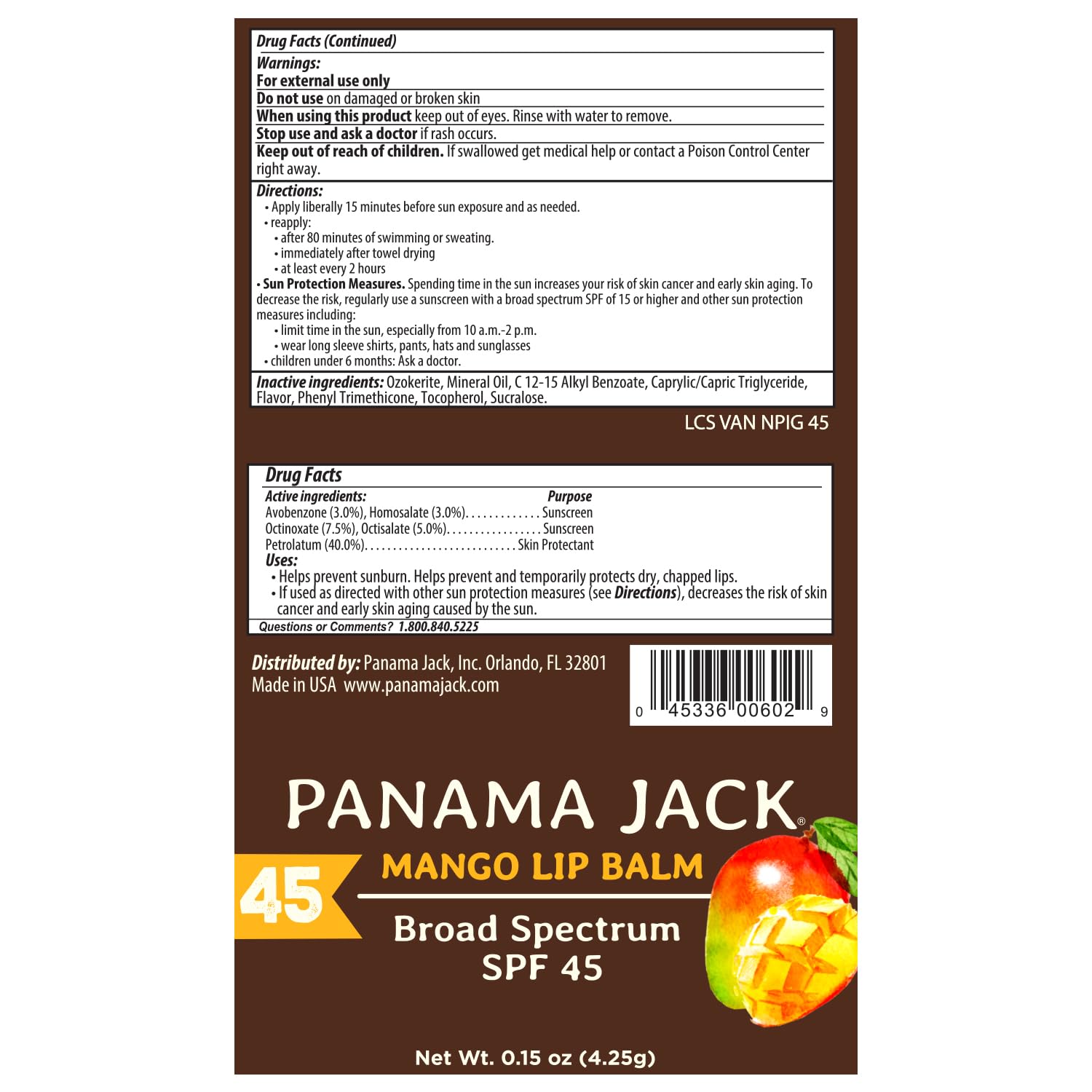 Panama Jack Sunscreen Lip Balm SPF 45 — Flavor Pack (Vanilla, Mango, Dreamsicle, Tropical)