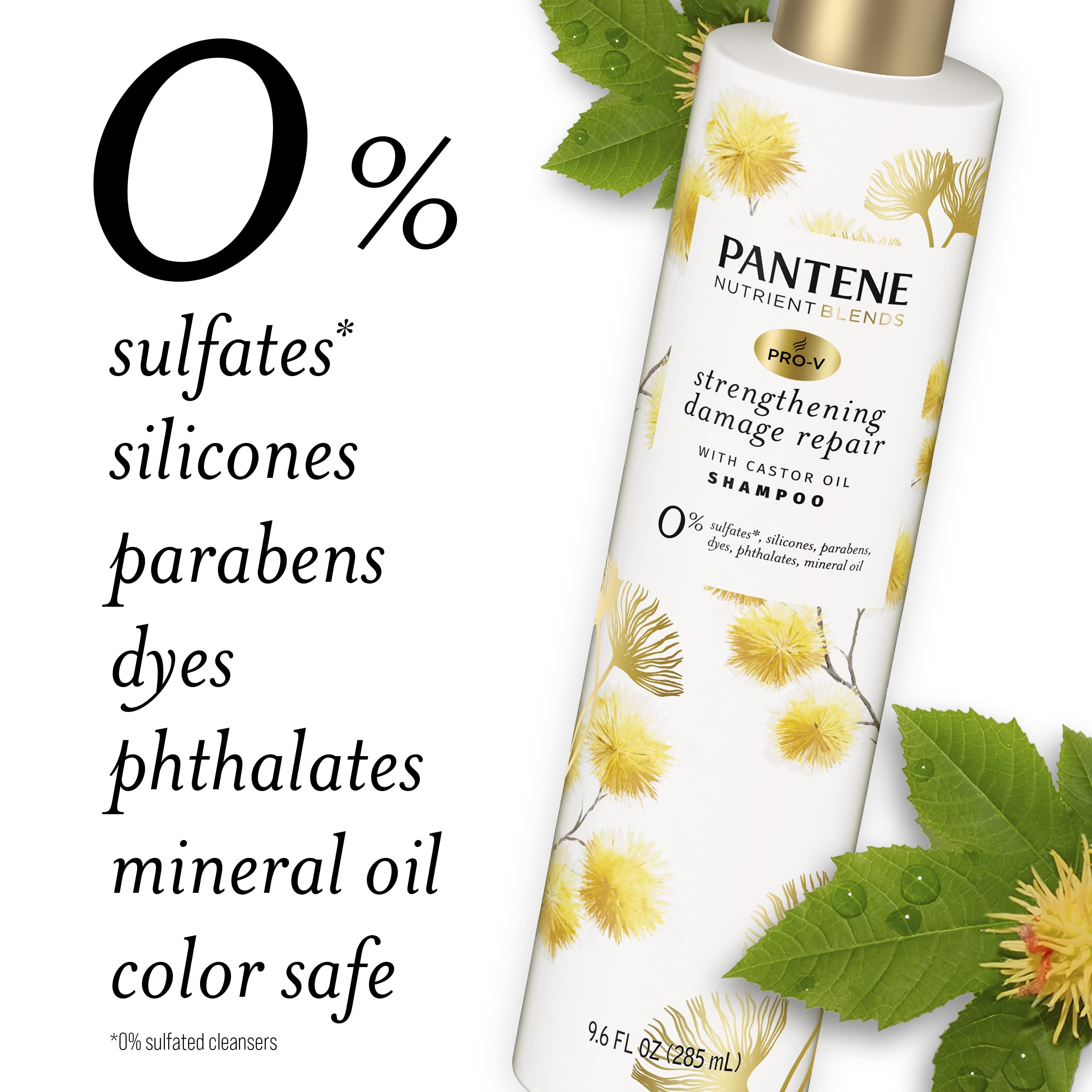 Pantene Sulfate Free Shampoo with Castor Oil – Hair Strengthening Damage Repair, Color Safe, 9.6 oz