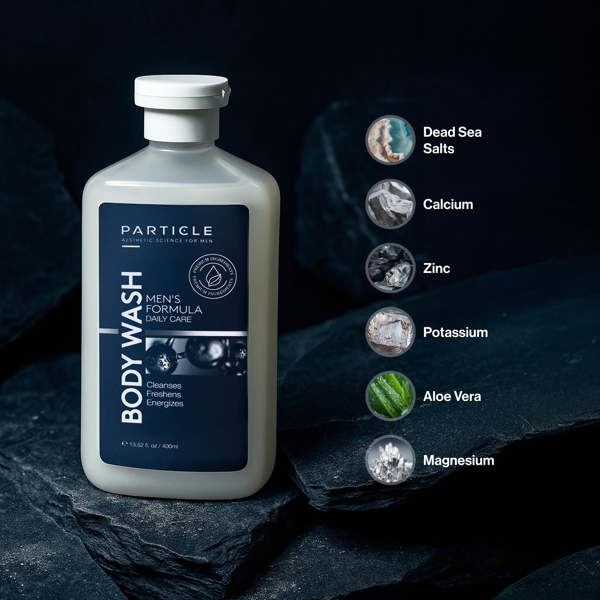 Particle Men’s Body Wash with Dead Sea Minerals – Hydrating Shower Gel for All Skin Types, Fresh Citrus & Woody Scent, 13.52 FL OZ
