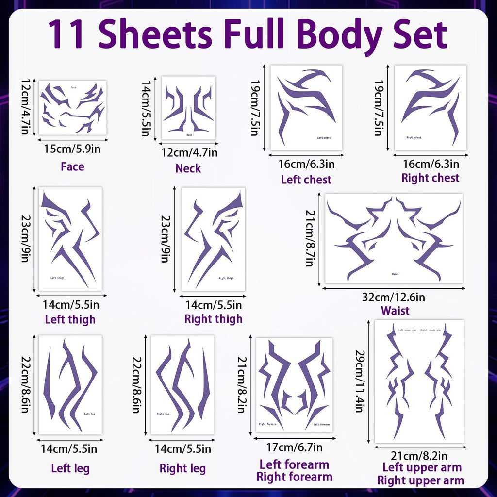 Party Greeting Purple Demon Cosplay Temporary Tattoos – 11 Sheets Waterproof Body & Face Stickers