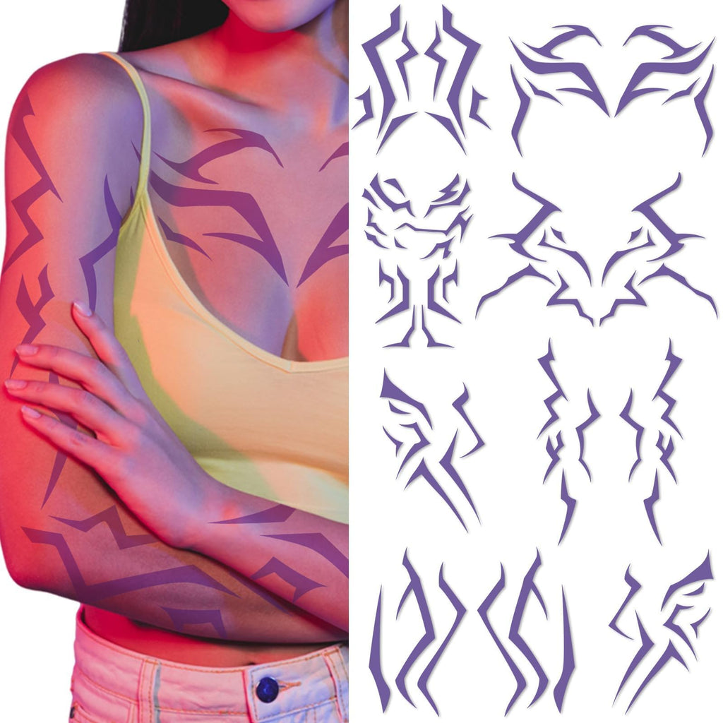 Party Greeting Purple Demon Cosplay Temporary Tattoos – 11 Sheets Waterproof Body & Face Stickers
