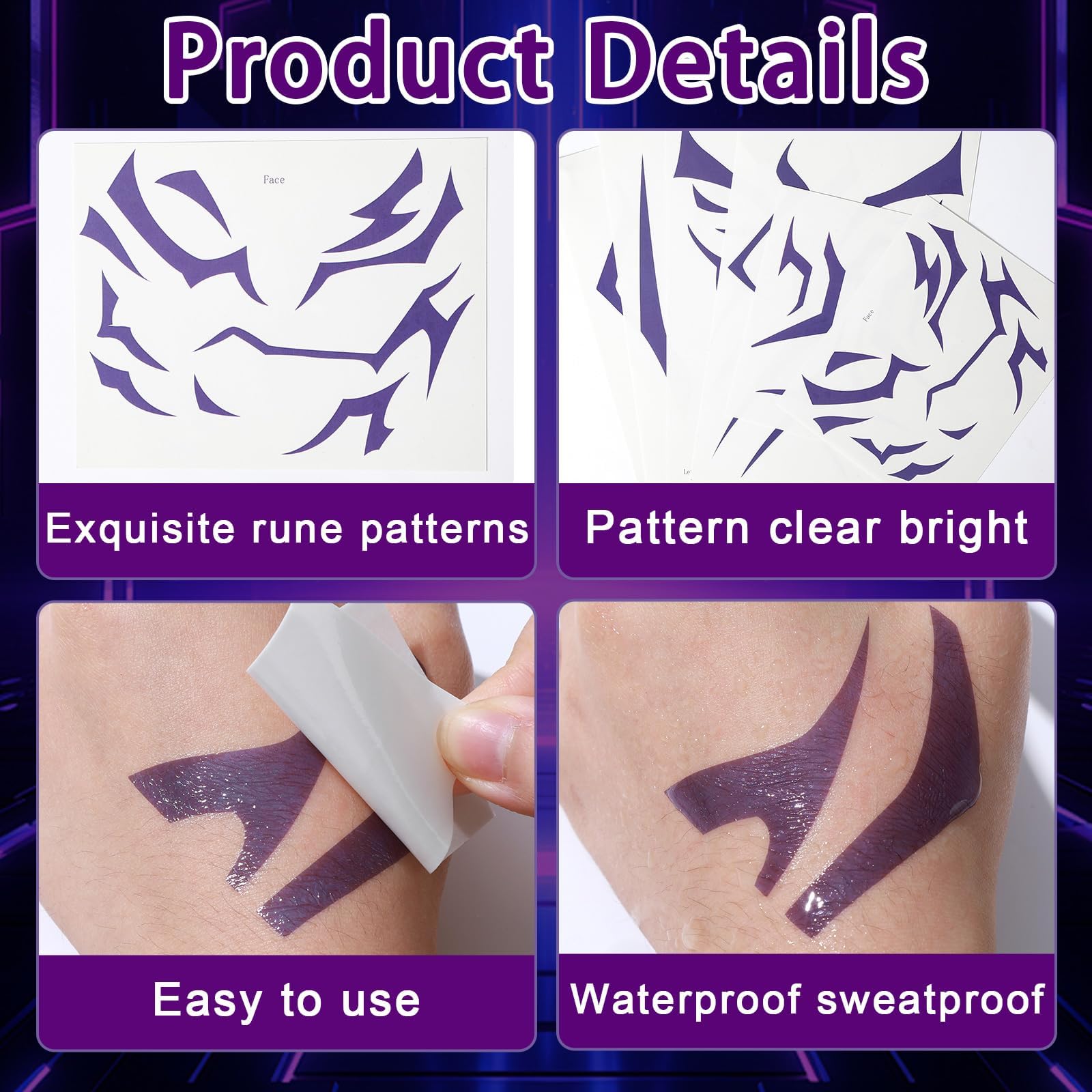 Party Greeting Purple Demon Cosplay Temporary Tattoos – 11 Sheets Waterproof Body & Face Stickers