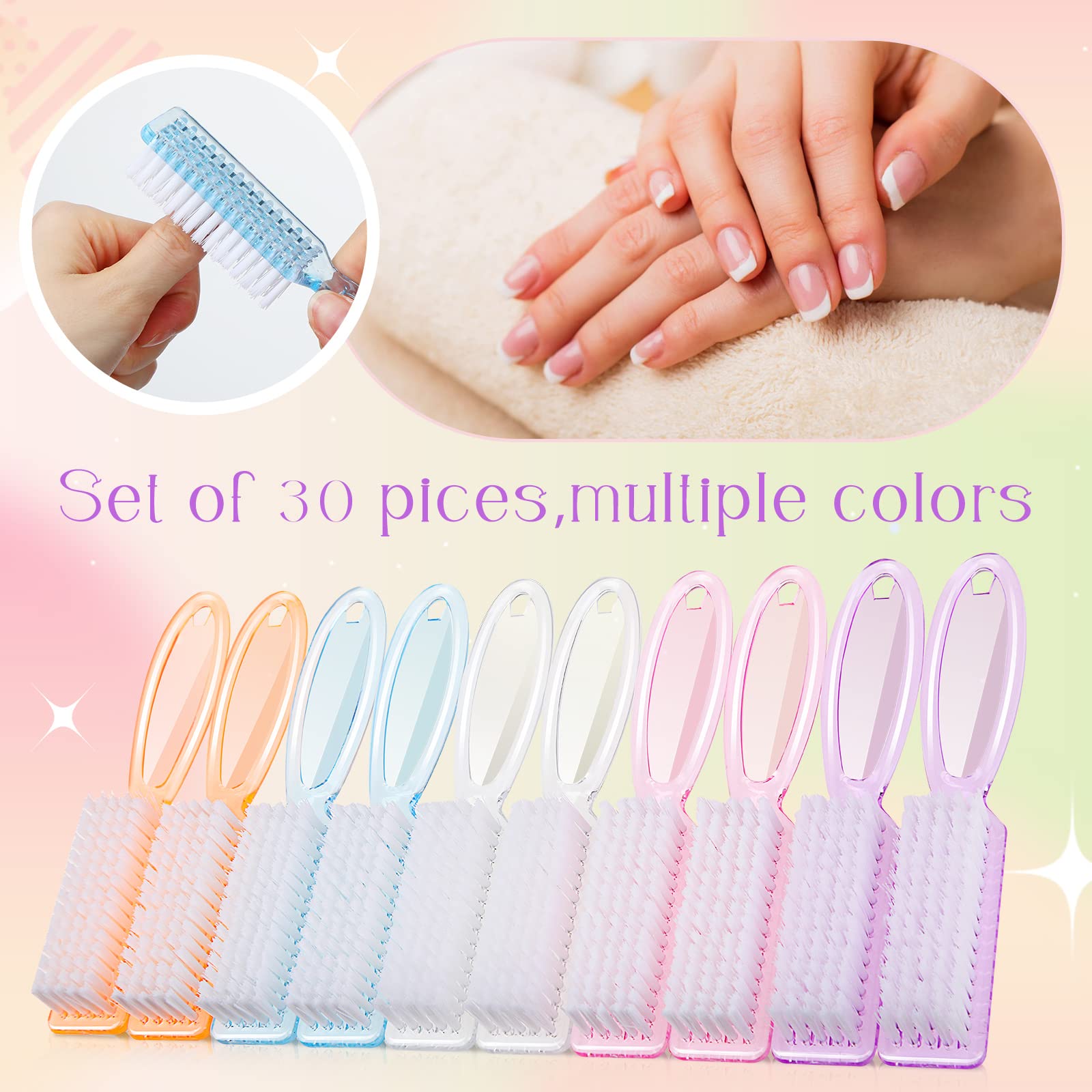 Patelai 30 Pcs Nail Scrubber Brushes – Bulk Handle Grip Manicure Cleaning Set (Clear Colors)