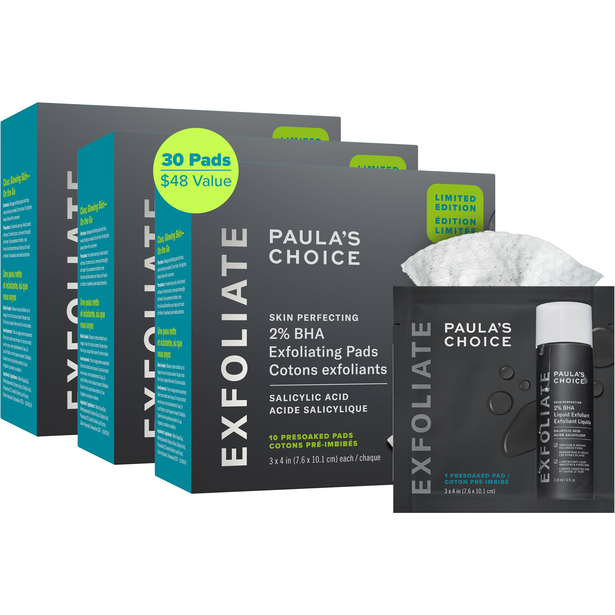 Paula's Choice Skin Perfecting 2% BHA Pads – Travel Exfoliating Toner Pads (Pack of 3)