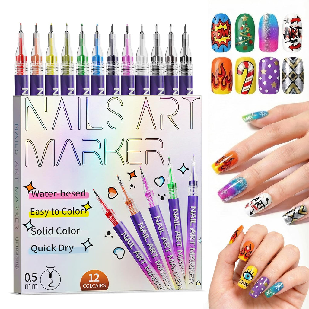 12 Color Nail Art Pens Set | Pawhims – 0.5mm Quick-Dry Nail Markers