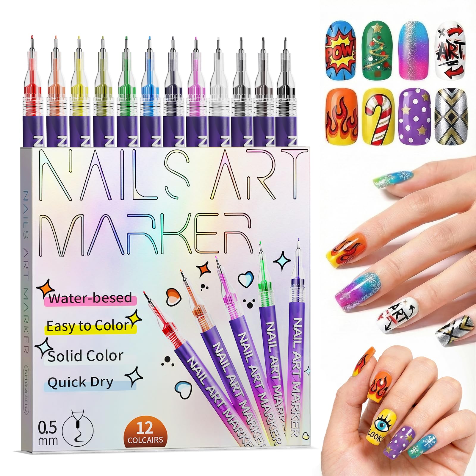 12 Color Nail Art Pens Set | Pawhims – 0.5mm Quick-Dry Nail Markers