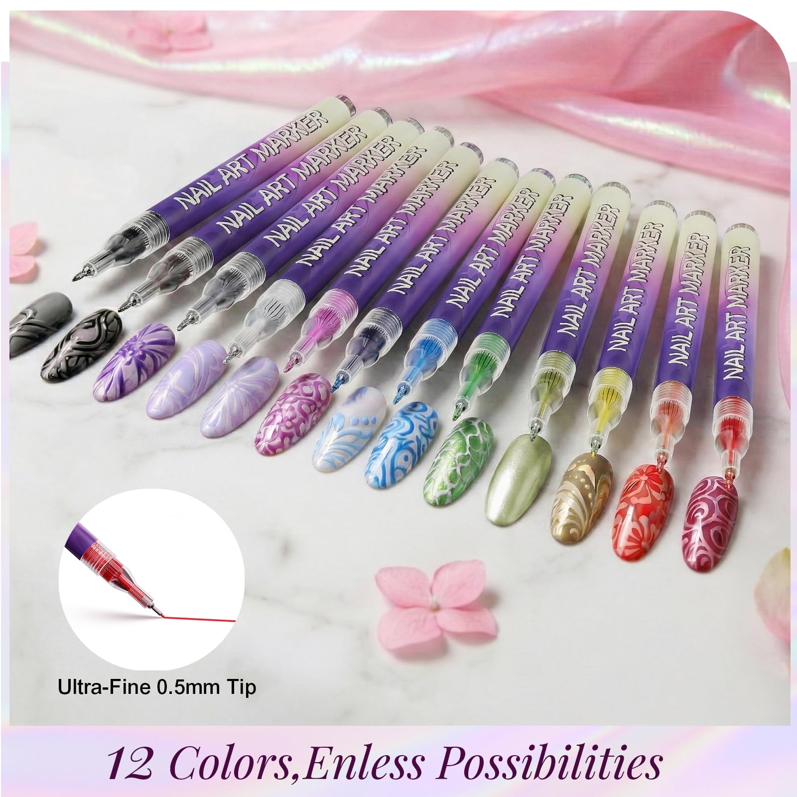 12 Color Nail Art Pens Set | Pawhims – 0.5mm Quick-Dry Nail Markers