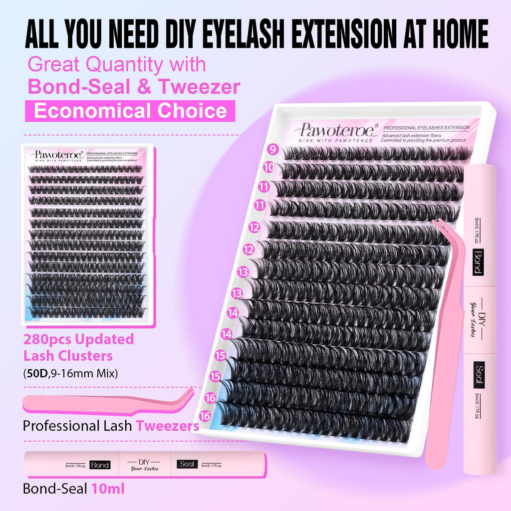 Pawotence Lash Extension Kit DIY 280pcs — 50D 9-16mm Clusters, Bond & Seal, Self-Application