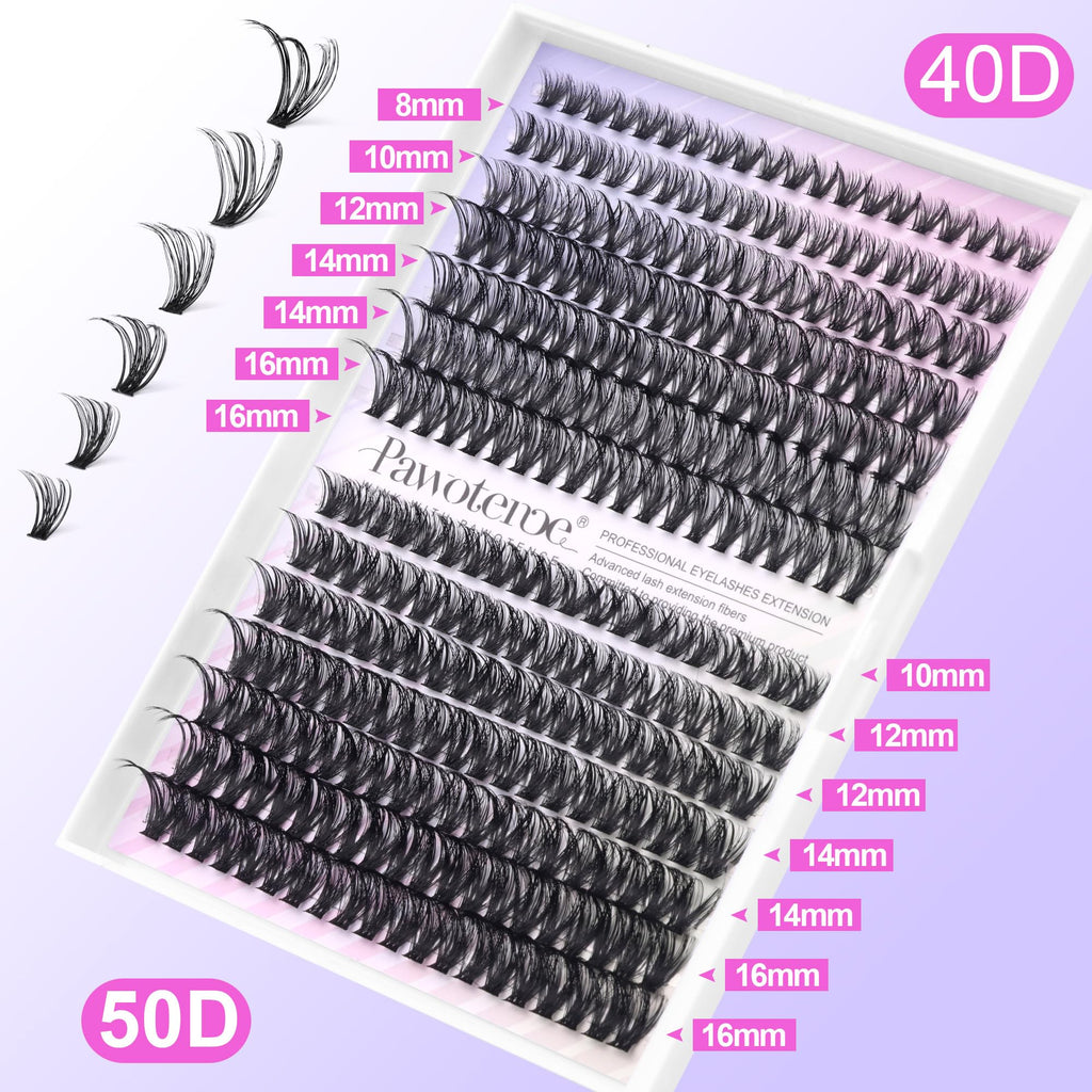 Pawotence Lash Extension Kit 40D/50D – DIY At-Home Lashes with Bond, Seal & Tweezers (8-16mm)