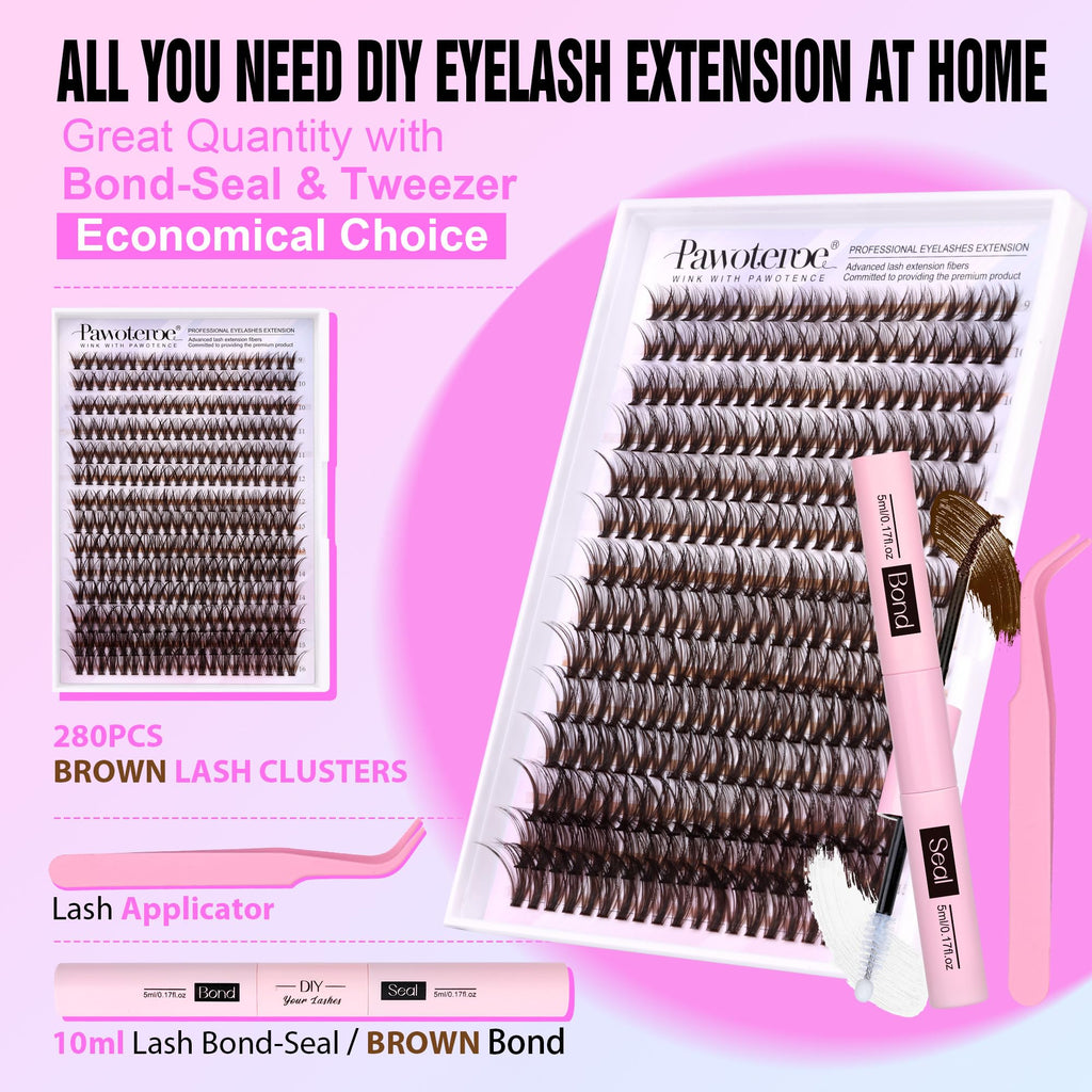 Pawotence Lash Extension Kit DIY 280pcs Brown 40D 9-16mm – At-Home Lashes with Bond & Seal
