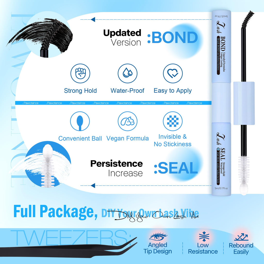 Pawotence Lash Clusters Kit 40D-60D | DIY 10-18mm Lash Extensions with Bond & Seal (280 pcs)