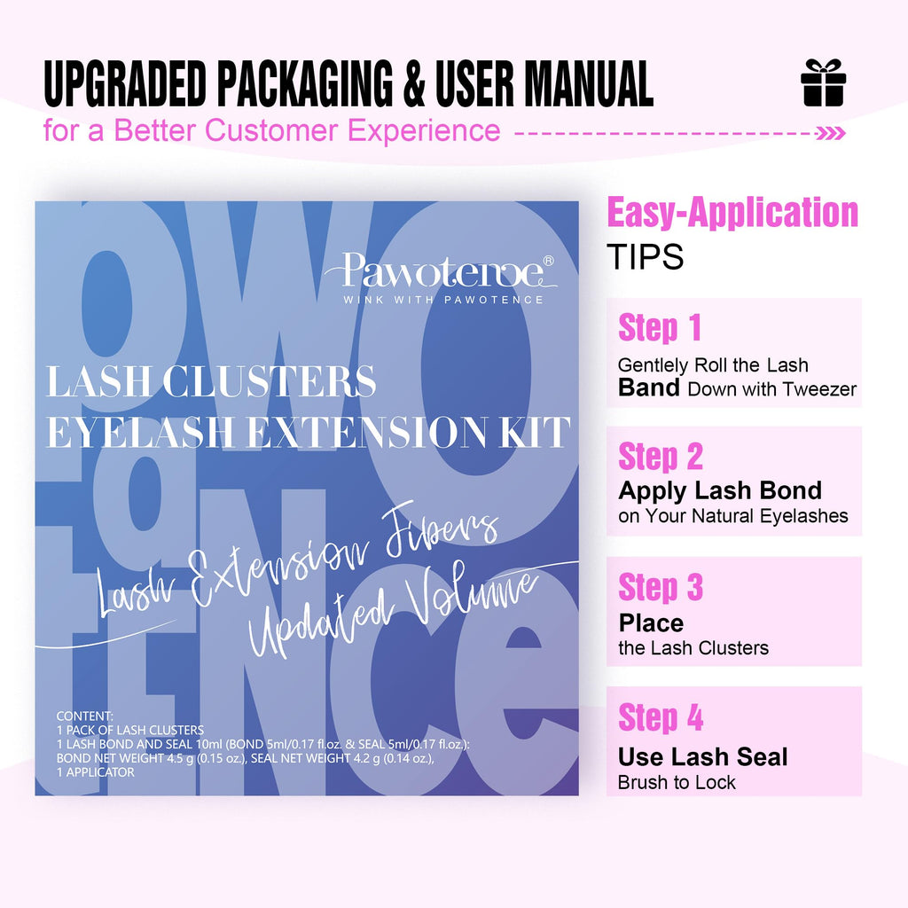 Pawotence Lash Clusters Kit — Cat Eye DIY Extensions 9-16mm (40D) with Bond, Seal & Tweezers