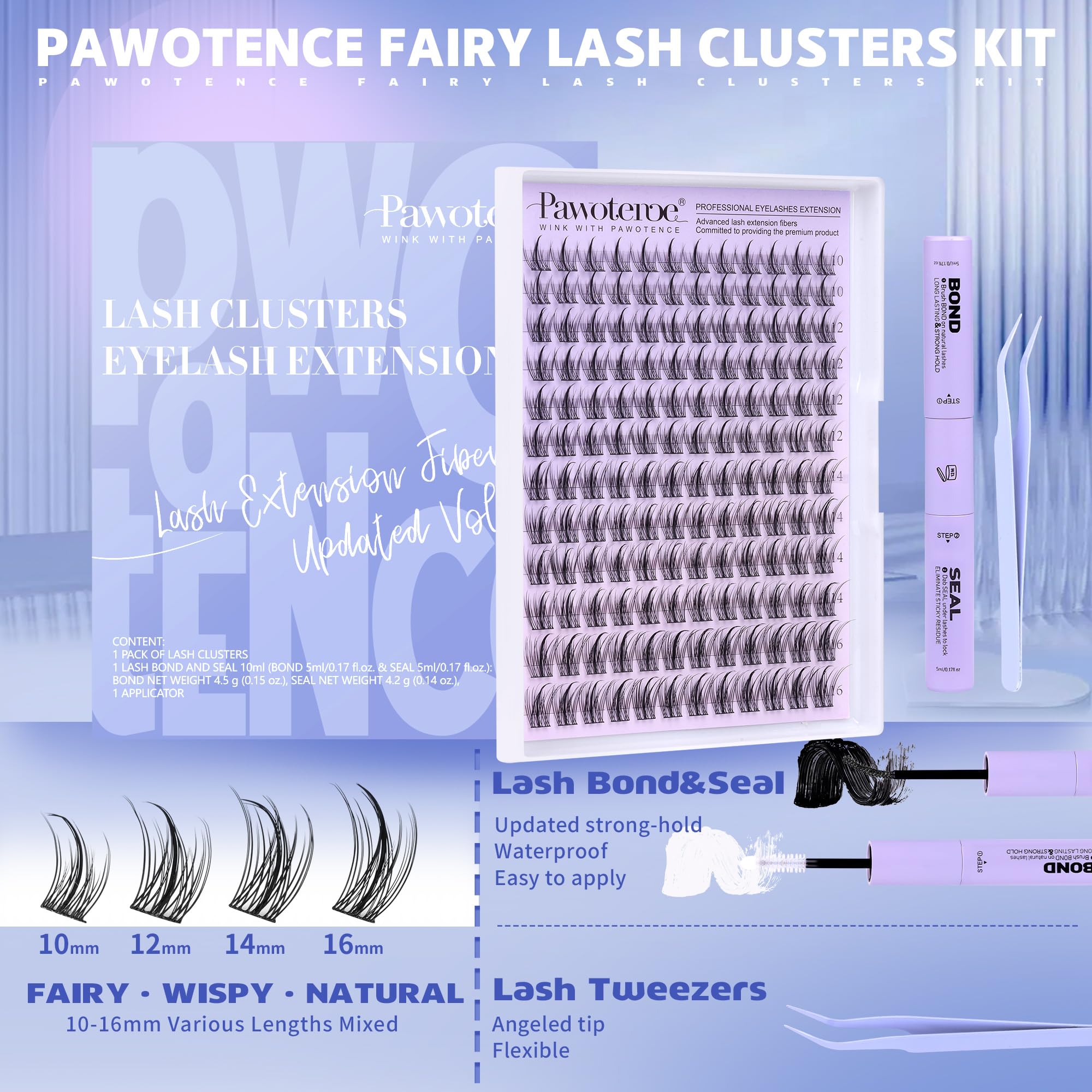 Pawotence Natural Lash Clusters Kit 10-16mm Wispy Lashes with Glue & Tweezers