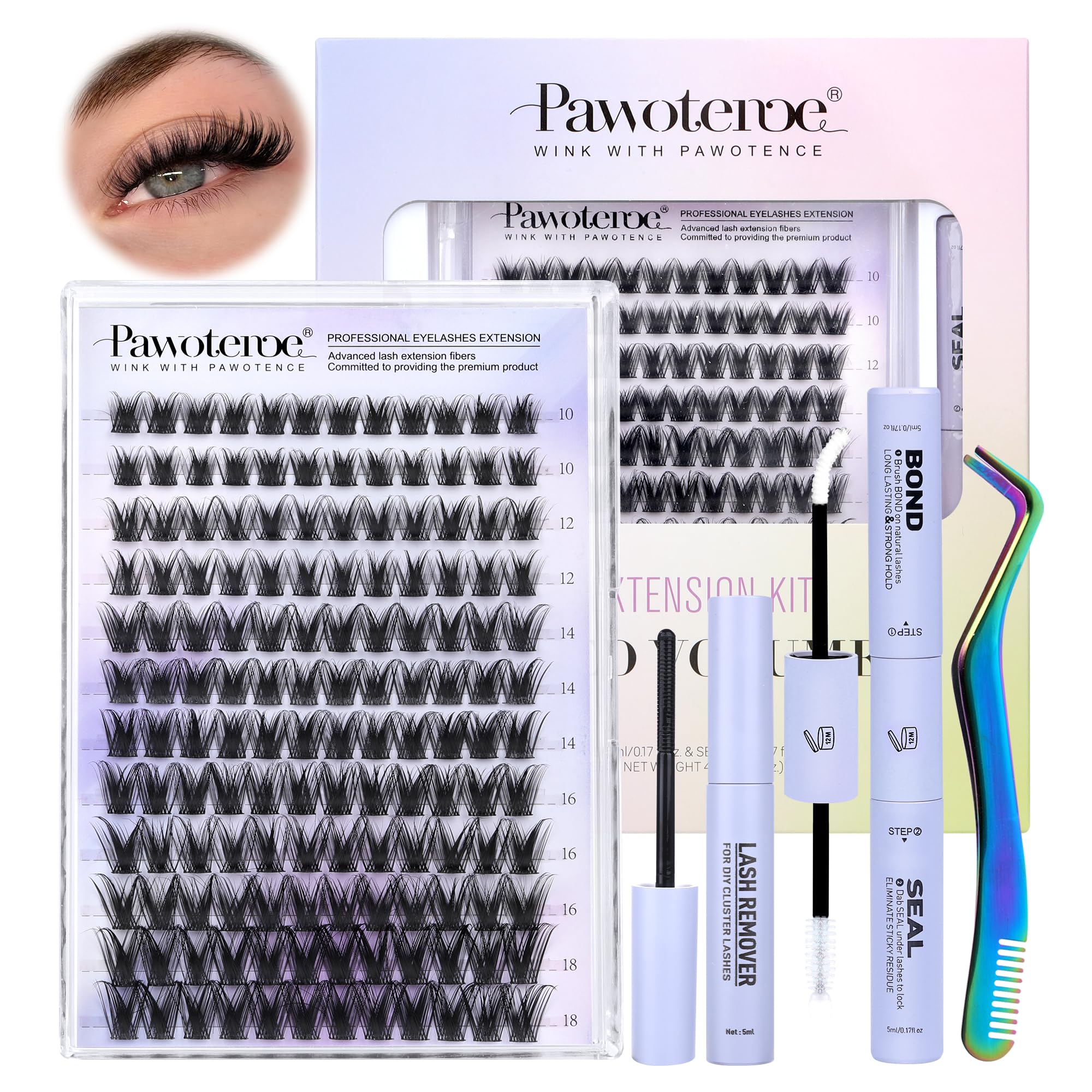 Pawotence Kira Lash Clusters Kit 144pcs – 10–18mm Wispy Lashes with Bond, Seal, Remover & Applicator