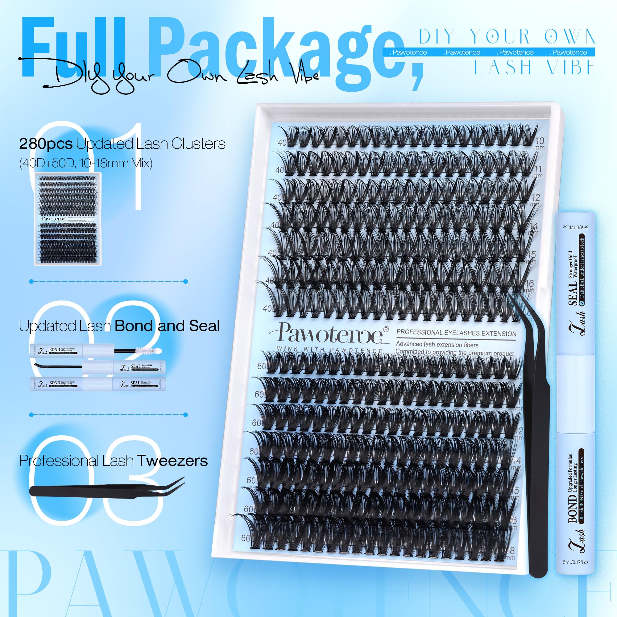 Pawotence Lash Clusters Kit 40D-60D | DIY 10-18mm Lash Extensions with Bond & Seal (280 pcs)