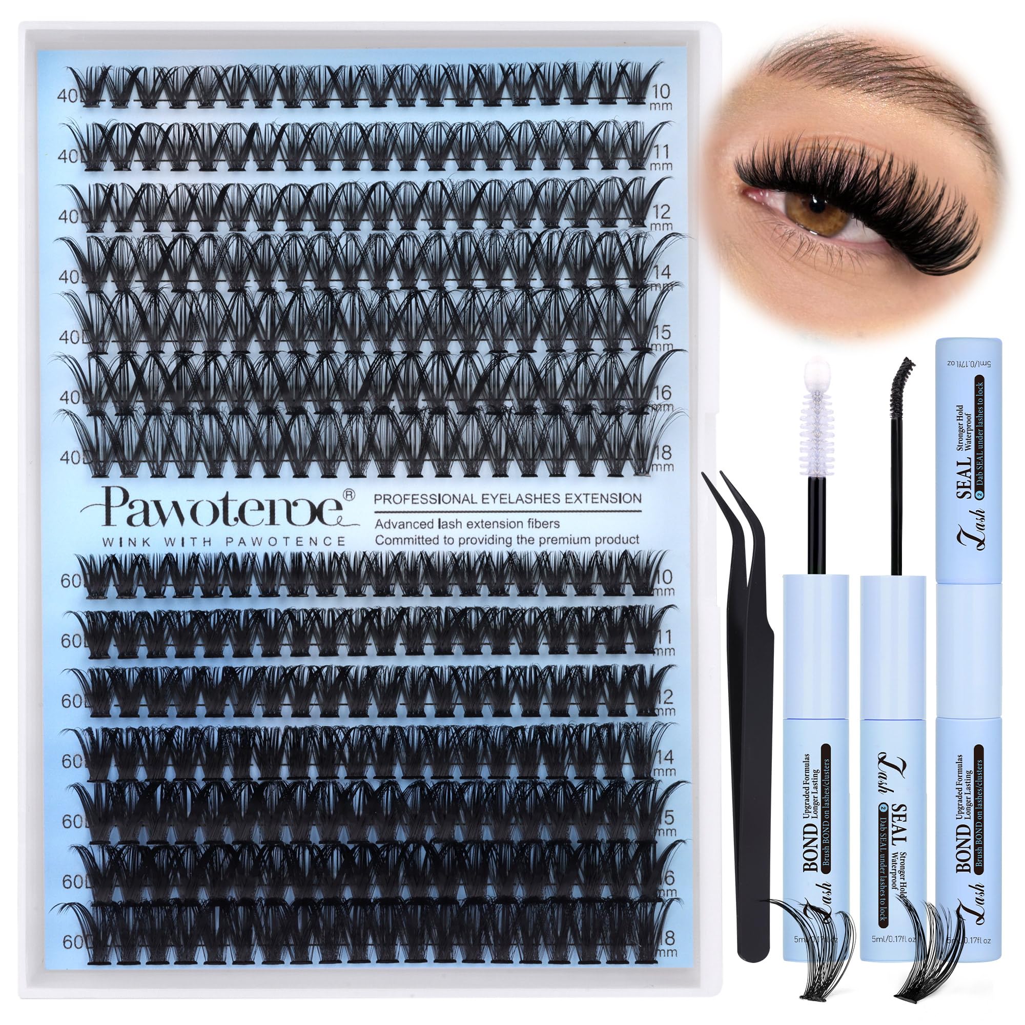Pawotence Lash Clusters Kit 40D-60D | DIY 10-18mm Lash Extensions with Bond & Seal (280 pcs)