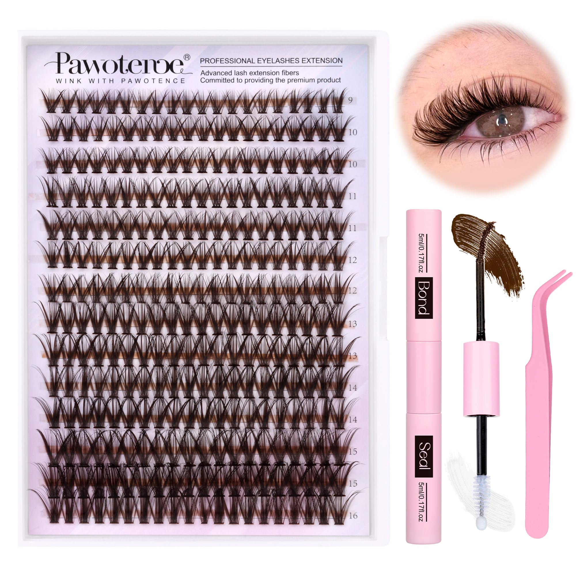 Pawotence Lash Extension Kit DIY 280pcs Brown 40D 9-16mm – At-Home Lashes with Bond & Seal