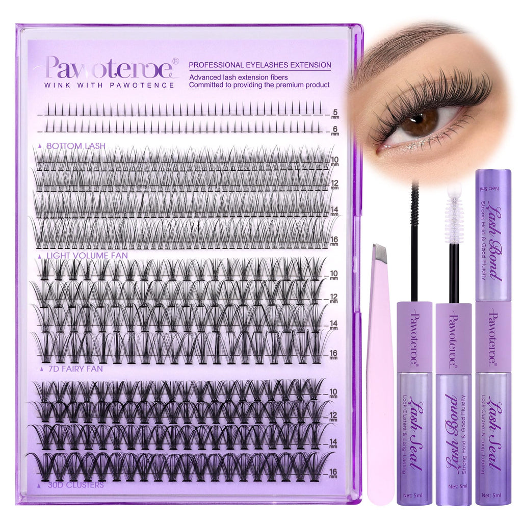 Pawotence Lash Extension Kit – DIY Lash Clusters (4 Styles) with Bond & Seal + Applicator