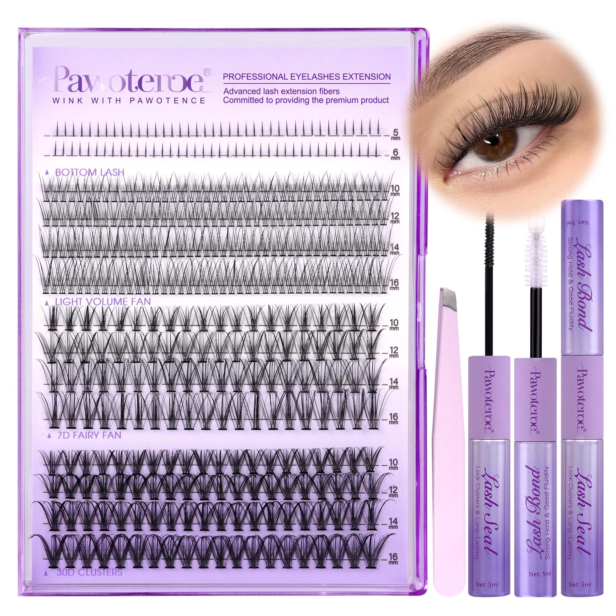 Pawotence Lash Extension Kit – DIY Lash Clusters (4 Styles) with Bond & Seal + Applicator
