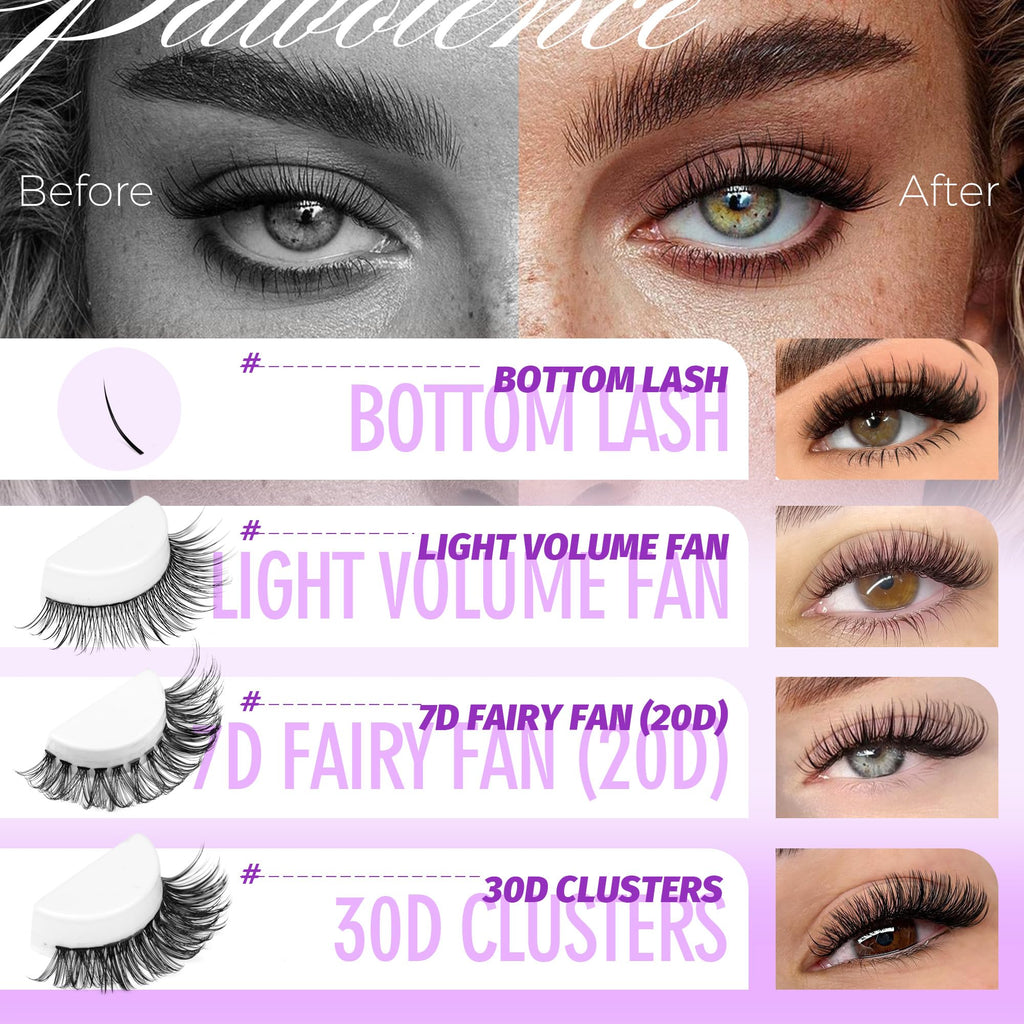 Pawotence Lash Extension Kit – DIY Lash Clusters (4 Styles) with Bond & Seal + Applicator