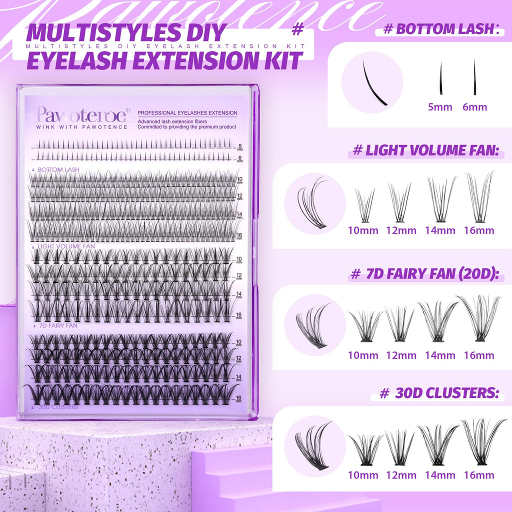 Pawotence Lash Extension Kit – DIY Lash Clusters (4 Styles) with Bond & Seal + Applicator