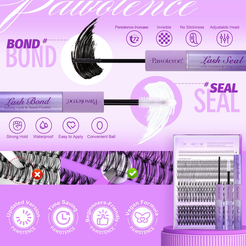 Pawotence Lash Extension Kit – DIY Lash Clusters (4 Styles) with Bond & Seal + Applicator