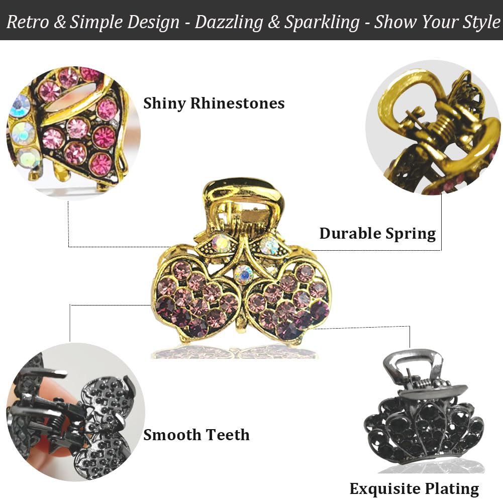 PBQOA Vintage Metal Hair Clips – Crystal Rhinestone Claw Barrette Set for Women
