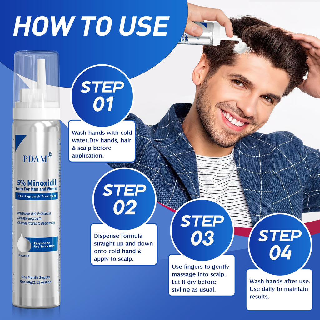 Pdam 5% Minoxidil Foam for Men & Women – Hair Growth Treatment (2 x 2.11 oz)