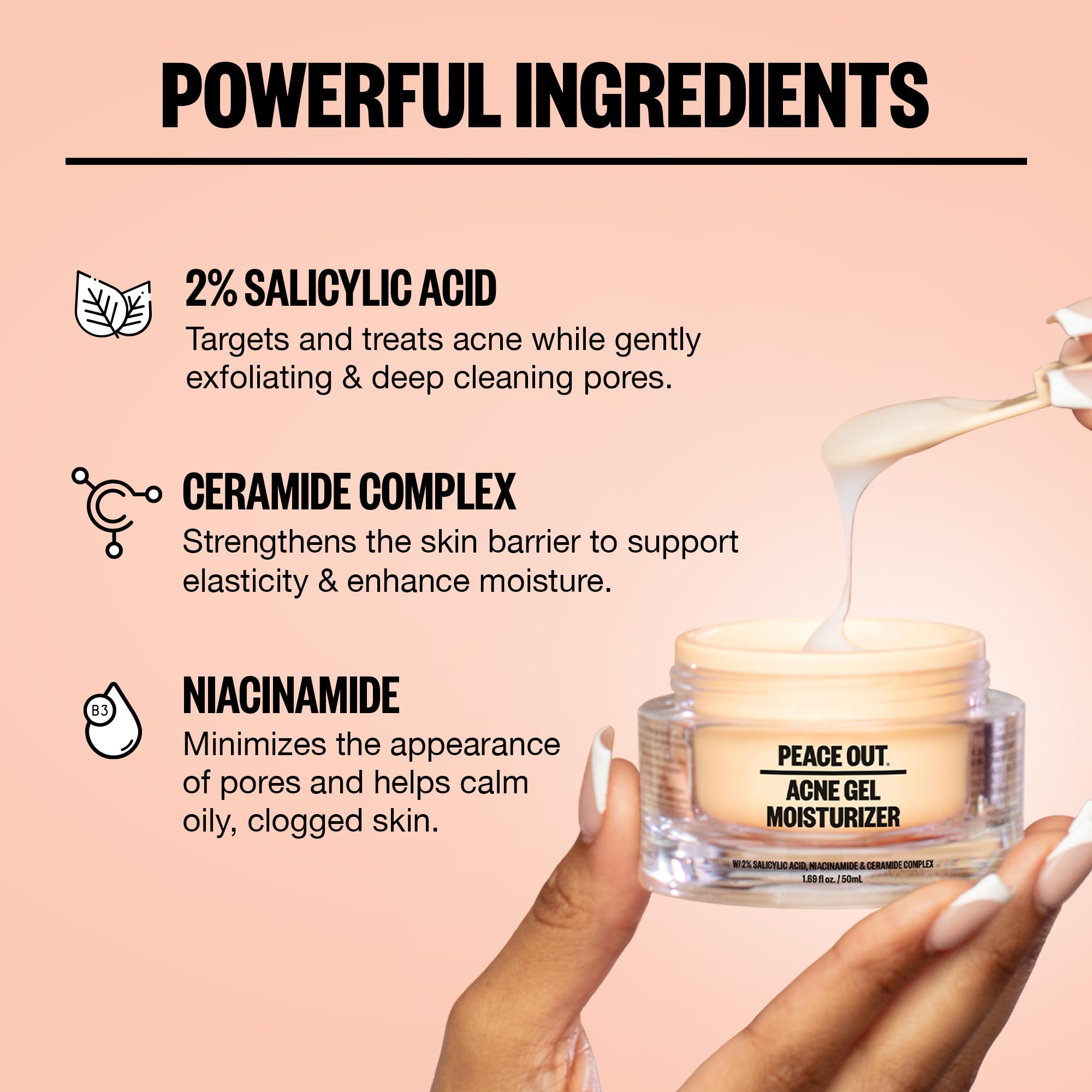 PEACE OUT Acne Gel Moisturizer for Oily Skin – 2% Salicylic Acid, Niacinamide & Ceramides (1.69 fl oz)